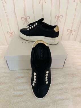 Alex Marie Black Sneakers with Pearl Accents and Gold Heel